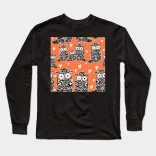 Folk Art Owls, Owlets and Hearts Pattern on Orange Long Sleeve T-Shirt